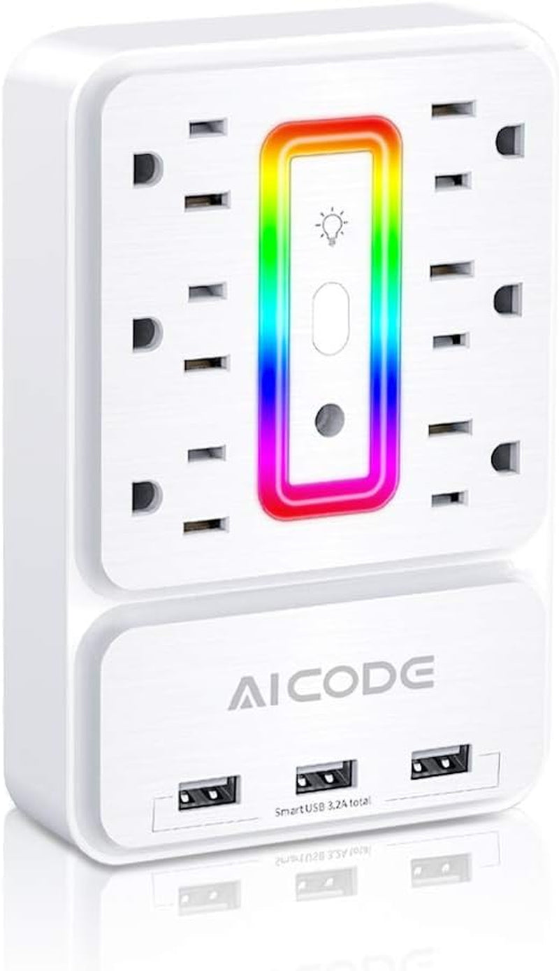 Multi Plug Outlet Extender, 6 Outlet Surge Outlet Protector with 3 USB Charger(3.2A Total),Wall Outlet Plug Electrical Outlet with 6 Ambient RGB Light , Plug Extender for Home,Office,Dorm,Hotel