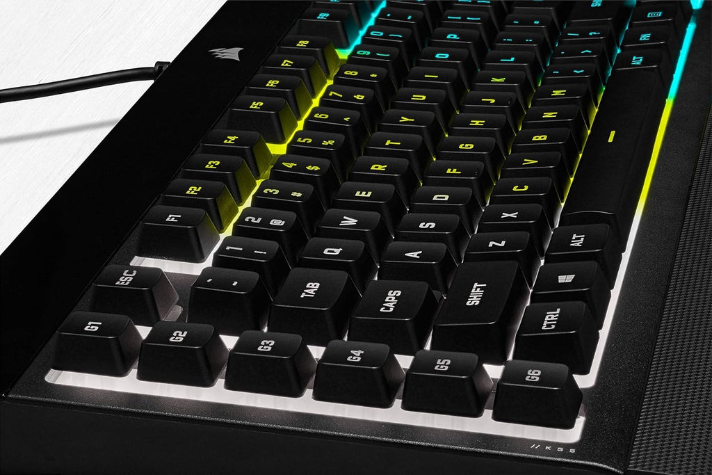 K55 RGB PRO - Dynamic RGB Backlighting - Six Macro Keys with Elgato Stream Deck Software Integration - IP42 Dust and Spill Resistant - Detachable Palm Rest - Dedicated Media and Volume Keys