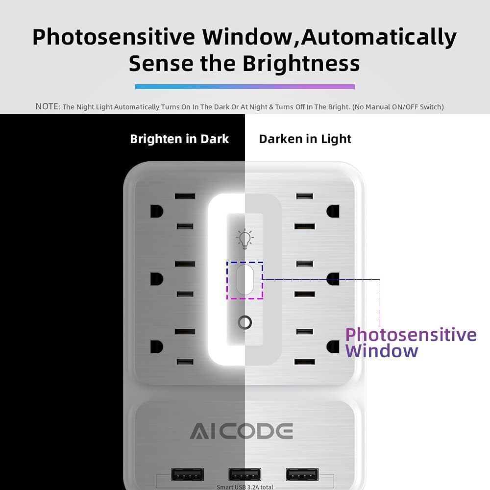 Multi Plug Outlet Extender, 6 Outlet Surge Outlet Protector with 3 USB Charger(3.2A Total),Wall Outlet Plug Electrical Outlet with 6 Ambient RGB Light , Plug Extender for Home,Office,Dorm,Hotel